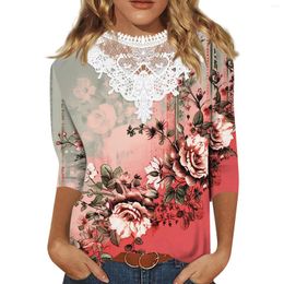 Women's T Shirts 3/4 Length Sleeve Womens Tops Casual Loose Fit Lace V-Neck Cute Retro Floral Print Three Quarter Tunic