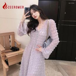 Casual Dresses 2024 French Luxury High Quality Purple Tassel Prom Party Long Dress Women Elegant V Neck Flare Sleeve Sweet Button Midi