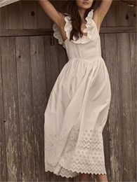 Casual Dresses White Women Embroidery Hollow Out Midi Dress Cotton U Neck Sweet Temperament Sleeveless 2024 Summer Female Robes
