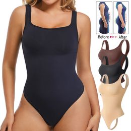 Womens Waist Trainer Body Shaper Square Neck Tank Tops Seamless Tummy Control Shapewear with Thong Butt Lifter Bodysuits 240420