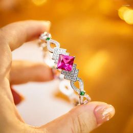 Bangle Designer Collection Style Bracelet Women Lady Inlay Square Rose Red Cubic Zircon Vintage Plated Gold