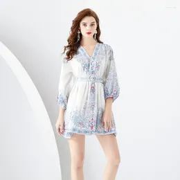 Casual Dresses Drop Summer Fall Vintage Floral Geometric Print V Neck Buttons 3/4 Puff Sleeve Women Ladies Party Mini Short Shirt Dress