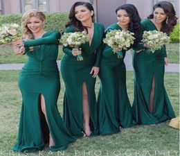 Hunter Green Long Sleeve Mermaid Split Bridesmaid Dresses Sexy Vneck Arabic Muslim Style Trumpet Beach Long Bridesmaid Gown C300813629499