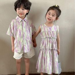 Clothing Sets Summer Fashion Leisure Holiday Style Tie-dye Clothes Girls Sleeveless Frilly Dress Boys Cotton