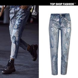 Women's Jeans TREND-Setter 2024 Spring Fashion Sequins Ripped Women Hole Denim Ankle-Length Pants Streetwear Autumn Trousers