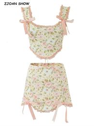 Sexy Floral Print Bow Cross Lacing up Back Corset Wood ears Crop Top High Waist Ribbon Asymmetric Mini Skirt 2 pieces 1 set 240420