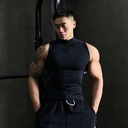 Muscle Mens Fitness Clothes Solid Sports Sleeveless T-shirt High Neck Elastic 240421