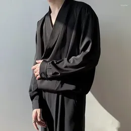 Men's Casual Shirts Black Long-sleeved Shirt Men Fashion Social Mens Dress Korean Loose Ice Silk Pullover Formal M-2XL