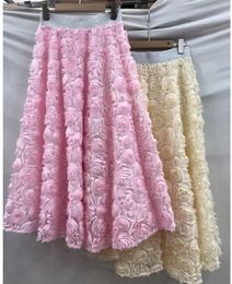 Women's new French sweet tulle elastic waist fashion pink rose ball dress long desinger skirt