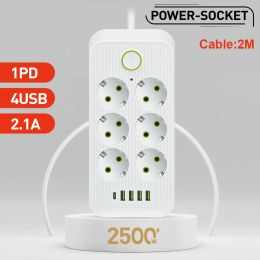 Plugs Eu Plug Outlet Power Strip with Extension Cord Usb Type C Pd Ports Electrical Sockets Multiprise Smart Home Round Pin Ac Adapter