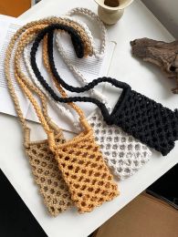 Buckets Ladies Summer Hollow Out Mobile Phone Bag Crossbody Purse Women Mini Handmade Crochet Macrame Shoulder Bag
