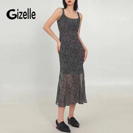 Casual Dresses Gizelle French Vintage Fashion Designer Summer Women Floral Print Square Collar Midi Dress Ladies Slim Sling Holiday Robes