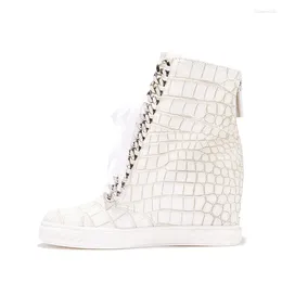 Casual Shoes Stone White Leather Chains Lace Hole Sneaker High Top Ziper Back Ladies Increased Heel Front Metal Women