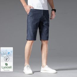 Classic Style Summer Mens Business Thin Denim Shorts Lyocell Fabric Straight-fit Stretch Blue Short Jeans Male Brand 240416