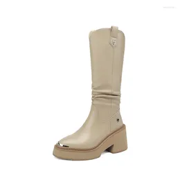 Boots Spring Autumn Slim Thick High Heels Platform Metal Bling Pleated Genuine Leather Women Knee-High Long Modern Winter Plush