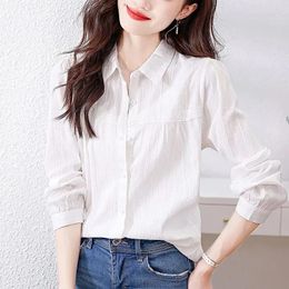 Women's Blouses White Cotton Blouse And Shirts 2024 Korean Loose Long Sleeve Stripe Cardigan Female Temperament Patchwork Lace Tops