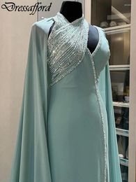 Party Dresses Mint Green High Neck Dubai A-Line Evening Dress With Cape Beading Sequined Formal Wear Gown