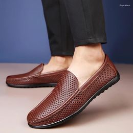 Casual Shoes Summer Slip On Men Genuine Leather Breathable Comfy Loafers Hollow Out Moccasins Soft-Soled Male Driving Flat