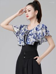 Stage Wear 2024 Modern Dance Top Women's Fashion Short Sleeve Printed Adult Latin Practise Clothing