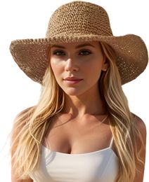 Ladies soft style large beach straw hat foldable summer wide-brimmed foldable oversized sun hat women's travel straw tweed hat