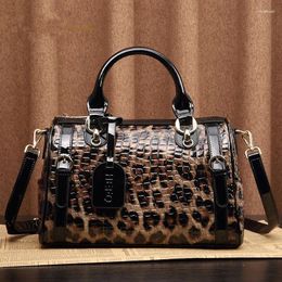 Evening Bags High Quality Pure Cowhide Leather Women's Bag Leopard Print Boston Female Genuine Handbag Crossbody Shoulder