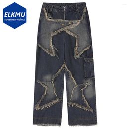 Men's Jeans Vintage Baggy Y2K Star Splicing Loose Blue Denim Pants Unisex Retro Streetwear Hip Hop Trousers