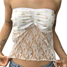 Kadın Tankları Camis Xingqing Dantel Tüpü Üst Çiçek Giysileri 2000S Kadınlar Omuz Straplez Slveless Bandeau Fairycore Yelek Kawaii SWT TS Y240420