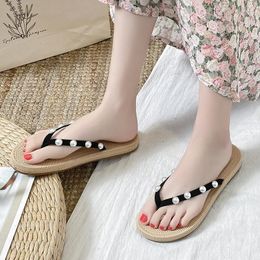 Slippers 2024 Spring And Summer Fashion Ladies Pure Colour Pearl Decoration Casual Flip Flops 4799