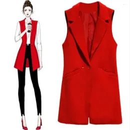 Women's Vests Blazer Casual Solid Vest Waistcoat Women Temperament Lapel Long Suit Female Jacket Coat Pockets OL Gilet Spring