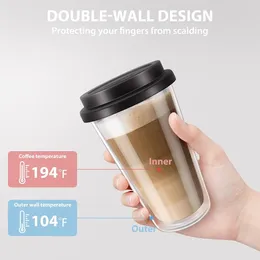 Coffee Pots 350ML Glass Cup With Silicone Lids Reusable Double Insulated Milk Cups Iced Juice Tea For Travel Coffeeware Teaware