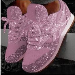 Casual Shoes Women Breathable Vulcanised Flash Mesh Sequin Lace Up Thick Sole Sports Outdoor Running