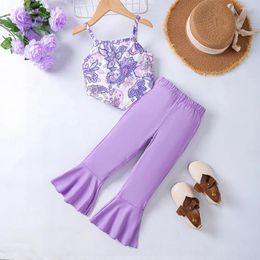 Clothing Sets 2024 Summer Child Clothes Sleeveless Print Floral Tops Purple Ruffles Pants 2 Piece Girls 18M-6T