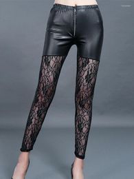 Women's Leggings Zipper Style Mesh Floral Lace Sexy Women Fashion Patchwork Elastic Waist Black Pencil Leggins