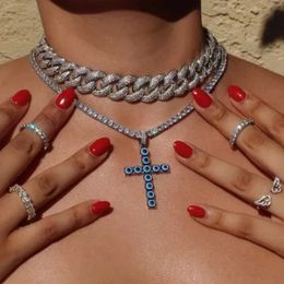 Pendant Necklaces Trendy Creative Blue Turkey Eye Cross Pendant Necklace For Women Men Ankh Cross Zircon Tennis Chain Necklaces Hip Hop Y240420