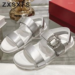 Sandals 2024 High Quality Leather Crystal Flats Shoes Women Peep Toe Buckle Strap Gladiator Brand Casual Holiday Mujer