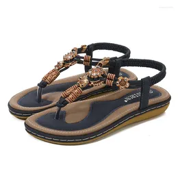 Sandals Summer 2024 Women Bohemian Style Flowers Rhinestones Fashion Casual Flat Heel Beach