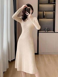 Casual Dresses Autumn Winter Black Knitted Female Long Sleeve Dress Fashion Beige Elegant Half High Collar Party Sweater Vintage Chic