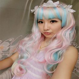 Wigs WoodFestival Lolita Wig Pink Blue Mixed Beige Ombre Wigs Long Curly Wavy Full Bangs Party Halloween Cosplay