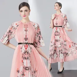 Summer Vintage Floral Print Elegant Womens Midi Long Pleated Dresses Crew Neck Belt Half Sleeve Ladies Casual Party Beach Vacation Holiday Wholesale Dropshipping