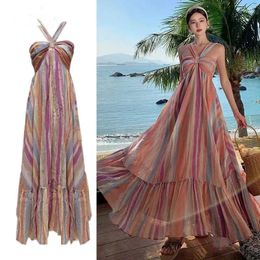 Casual Dresses Runway Fashion Multicolour Striped Print Halter Holiday Beach Long Dress Boho Summer Women Off Shoulder Loose Waist Maxi