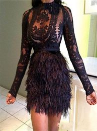 New Arrival Black Lace Sexy Short Further 2019 A line Cocktail Dresses High Collar Long sleeve Zipper Illusion Appliques Tulle Par8416842