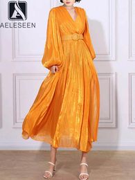 Casual Dresses AELESEEN Elegant Long Women Dress Spring Autumn Lantern Sleeve Design Fashion V-Neck Solid Belt Black Red Yellow Split Party