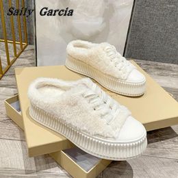 Casual Shoes Round Toe Solid Fur Short Plush Lace Up Flat Winter Waterproof Thick Sole Vulcanised Women