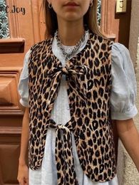 Leopard Print Lace Up Bow Vest Women Vintage Elegant V Neck Sleeveless Y2k Top 2024 Summer Lady Split Shirts Blouses Streetwear 240419