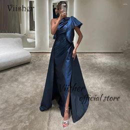 Party Dresses Viisher Navy Blue Taffeta Mermaid Evening With Slit One Shoulder Prom Dress Train Arabic Formal Gowns