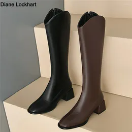 Boots 2024 Spring Autumn Heel Woman Long High Quality Soft Leather Shoes Ladies Knight Casual Knee-high Black Brown