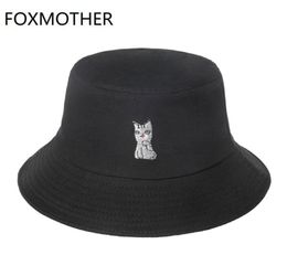 FOXMOTHER New Fashion Cute Black Pink Orange White Animal Cat Pattern Fishing Caps Gorras Casquette Bob Bucket Hats For Women3645669