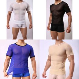 Muscle Tight Strong Sexy Mesh Transparent Breathable Sports Short Sleeved T-shirt Men's E670