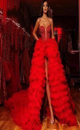 Red Sexy Prom Dresses With Sweetheart Sequins Tiered Tutu Skirts Front Split Evening Dress Long Personalized Celebrity Party Gowns6351466
