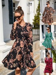 Casual Dresses Fashion Spring Autumn Flower Printing Long Sleeve Big Swing V-neck Frenum Single Breasted Buttons Sexy Dress 2024